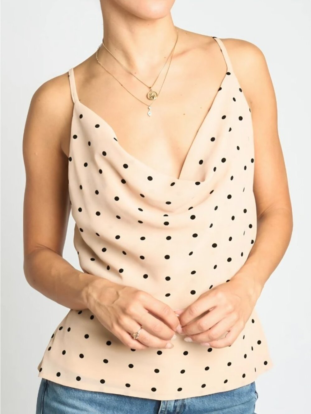Sans Souci Beige/Black Polka Dot Cowl Neck Camisole Tank Adjustable Strap S - Picture 8 of 9